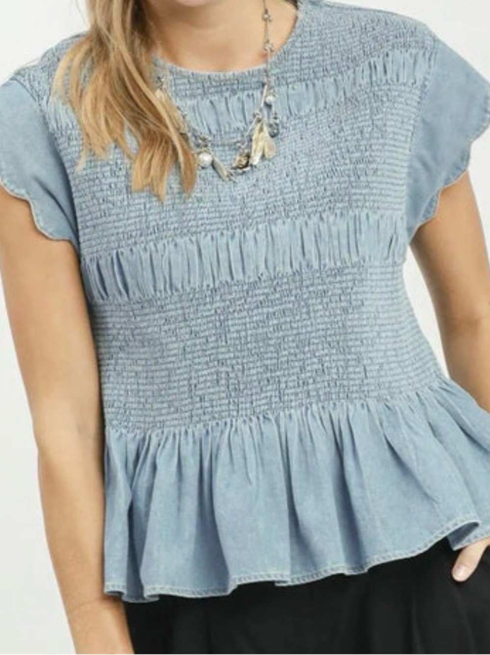 Umgee Light denim Smocked Peplum Top